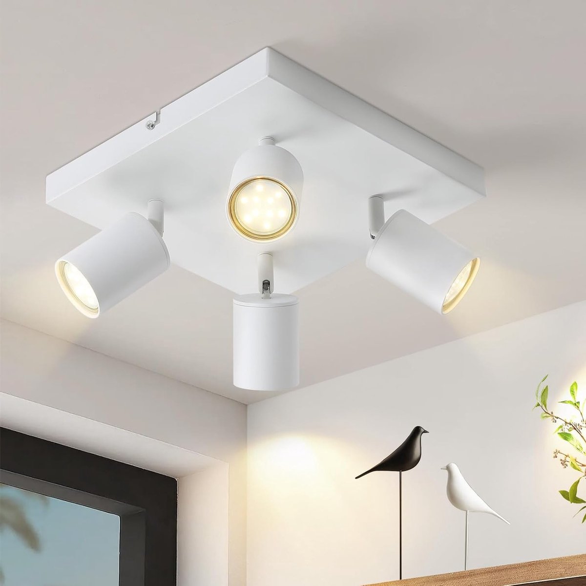 LED Plafondlamp Wit met GU10 Spotjes - 4 Dimbare Lampen, 330° Rotatie, Industrieel Design voor Woonkamer, Slaapkamer en Keuken
