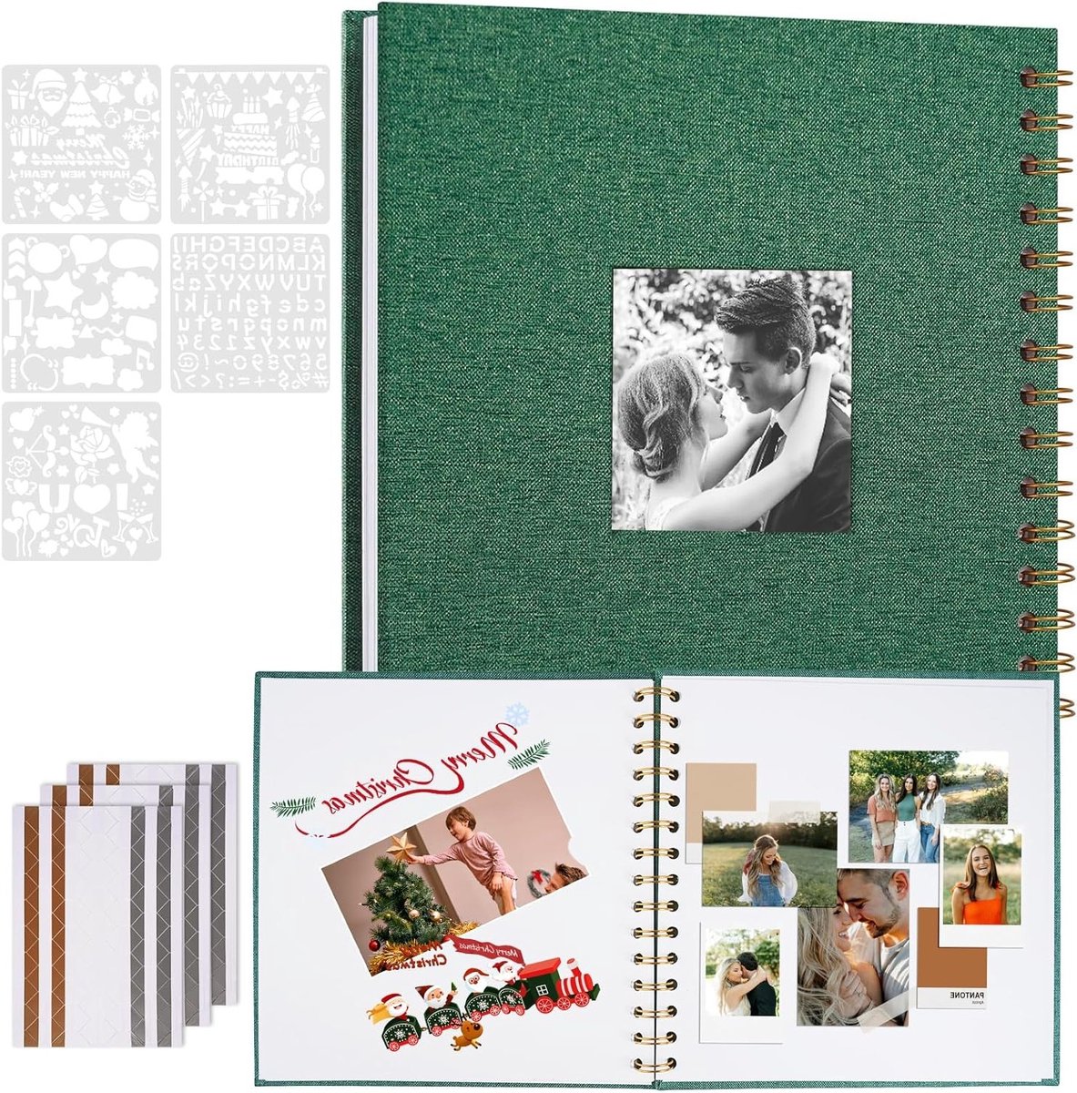 Linnen Fotoalbum met DIY Venster, 20.5×20.5cm Donkergroen Scrapbook Album voor Herinneringen, Reizen, Bruiloften en Verjaardagen met Witte Binnenpagina's