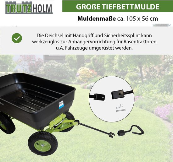Tuinwagen met kiepfunctie 400kg 125 L met dissel voor zitmaaier Quad of handgreep — afbeelding 3