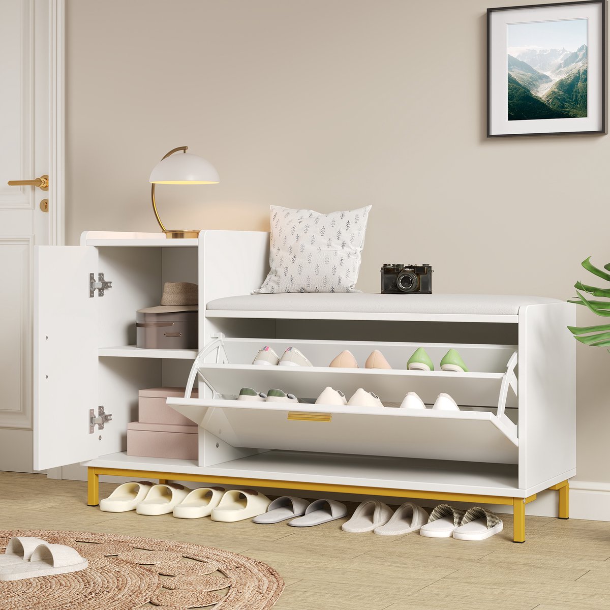 Wishdor - Schoenenkast Met Zitbank - Verborgen Uittrekbaar Schoenenrek - Scandinavisch Ontwerp Voor Hal Of Entree - Hoogglans Voorzijde - Spaanplaat En Metaal - Wit En Goud - 100 X 38 X 68 Cm
