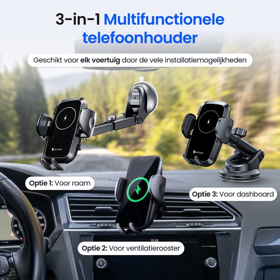 Siltcon® Telefoonhouder Auto 15W QI Draadloze Oplader - Telefoonhouders Auto - Extra Sterkte Zuignap voor Dashboard, Raam & Ventilatie - GSM Houder Auto - Auto Accessories – USB-C 30W – USB-A 22.5W – Snellader - 360° - Universeel alle Telefoons