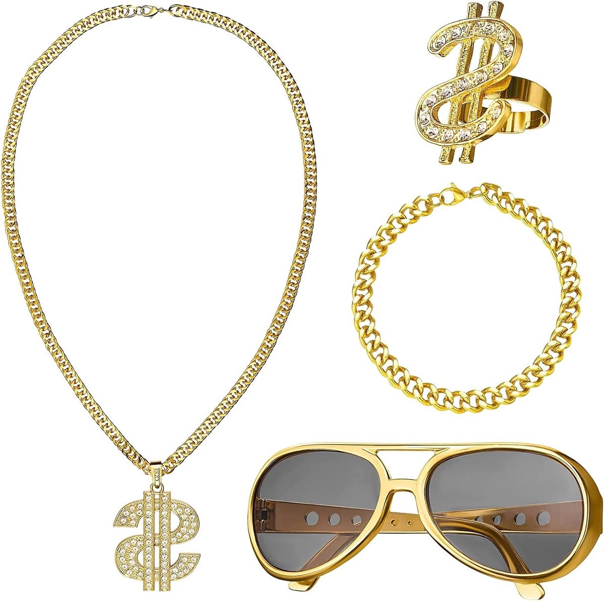 Hip Hop Kostuum Set met 4 Dollar Kettingen, Ringen en Zonnebrillen voor Feestjes en Carnaval, Retro 70s 80s 90s Accessoires