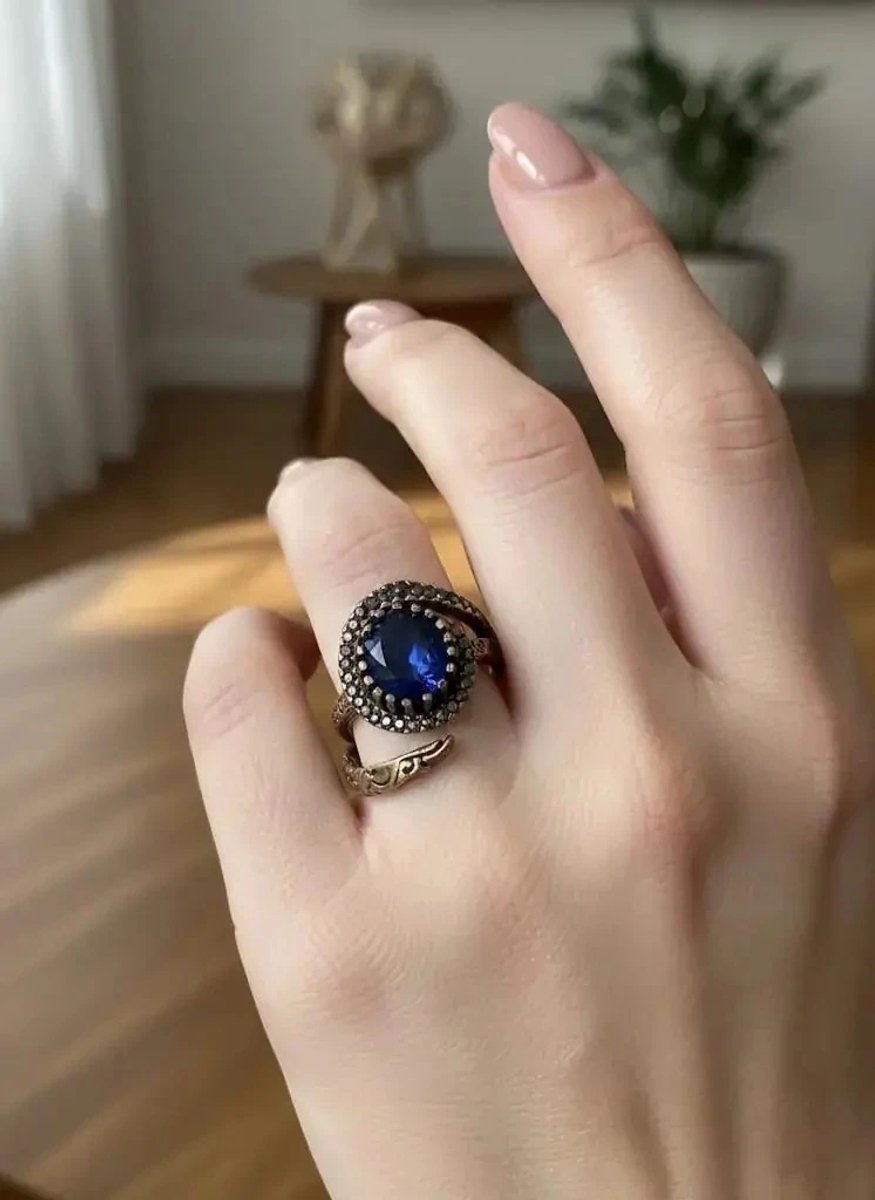 Dorvina Bronzen Sieraad Authentiek Blauw Saffier Look Spiral Model Verstelbaar Vintage Dames Ring