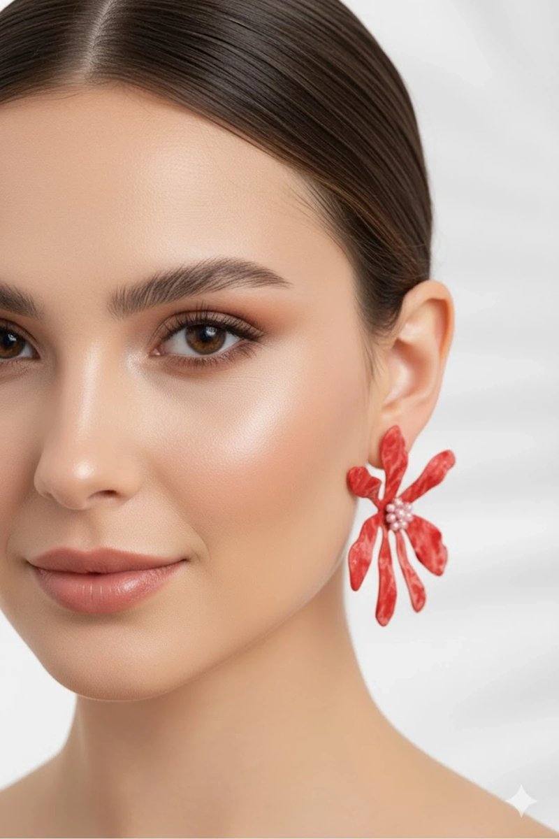 Dorvina Messing Dames Oorbellen Groot Rood Bloem Model K| Stijlvol en Duurzaam Sieraad, Aksesuar