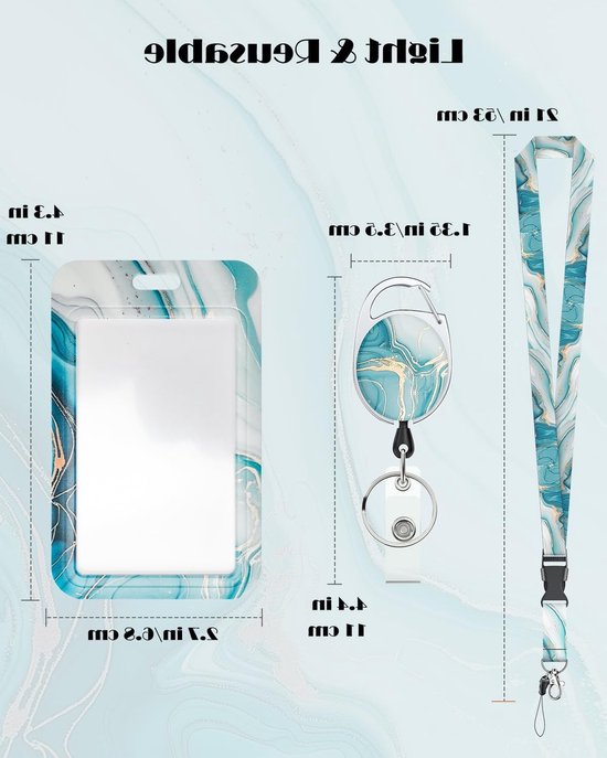 Marmeren Badgehouder met Retractable Reel en Afneembare Lanyard voor Kantoorwerkers - Verticale Kaartbeschermer in Cyan Marmerpatroon van Merkloos — afbeelding 5