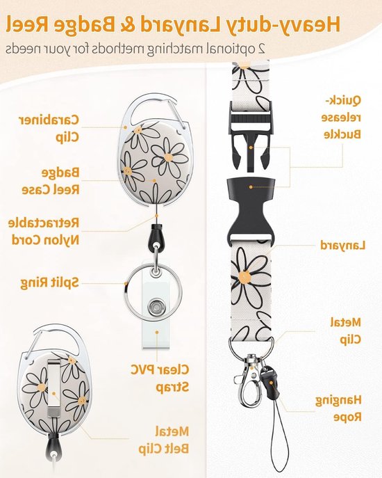 2 Stuks Bloem Motief Badgehouder met Retractable Reel, Carabiner Clip en Afneembare Lanyard - Ideaal voor Vrouwen, Veilig en Praktisch voor Identificatie en Toegangspassen van Merkloos — afbeelding 4