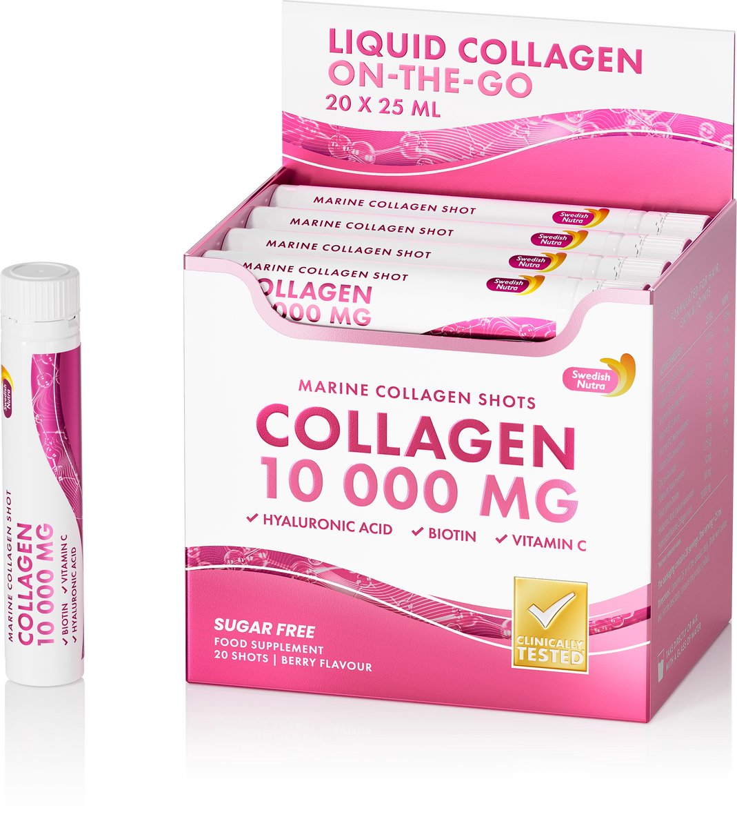 Marine Collageen Shots - Swedish Nutra - Vloeibaar Collageen Supplement - Hyaluronzuur & Vitamine C - Huid, Haar & Nagels - 20 x 25ml