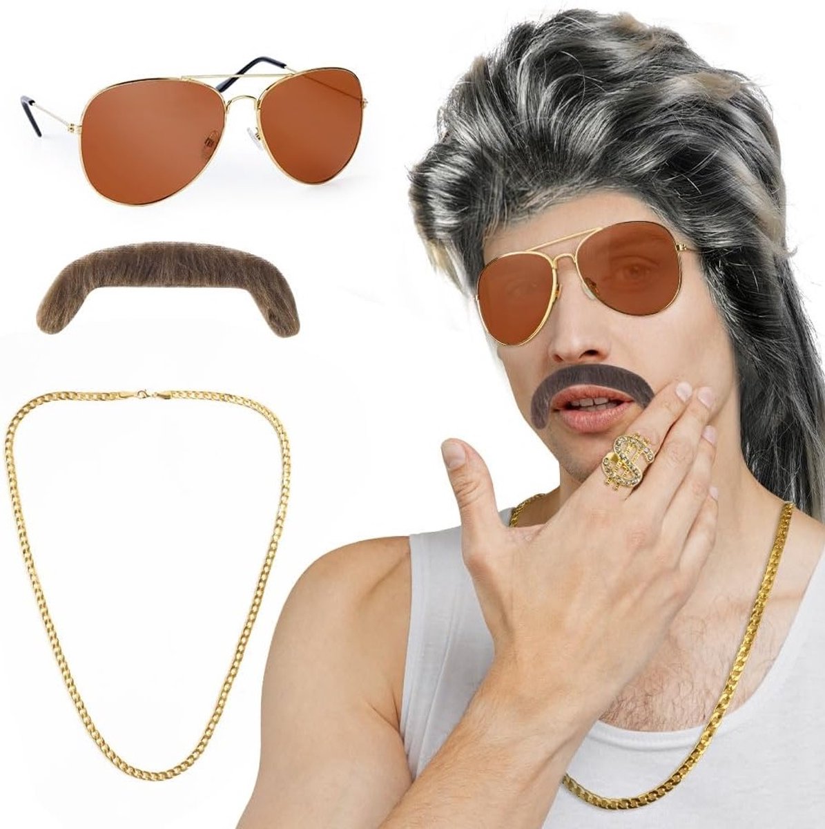 Hippie en Disco Kostuum Wenset voor Mannen, 5-delige Perukenset met Accessoires voor Halloween en Feestjes
