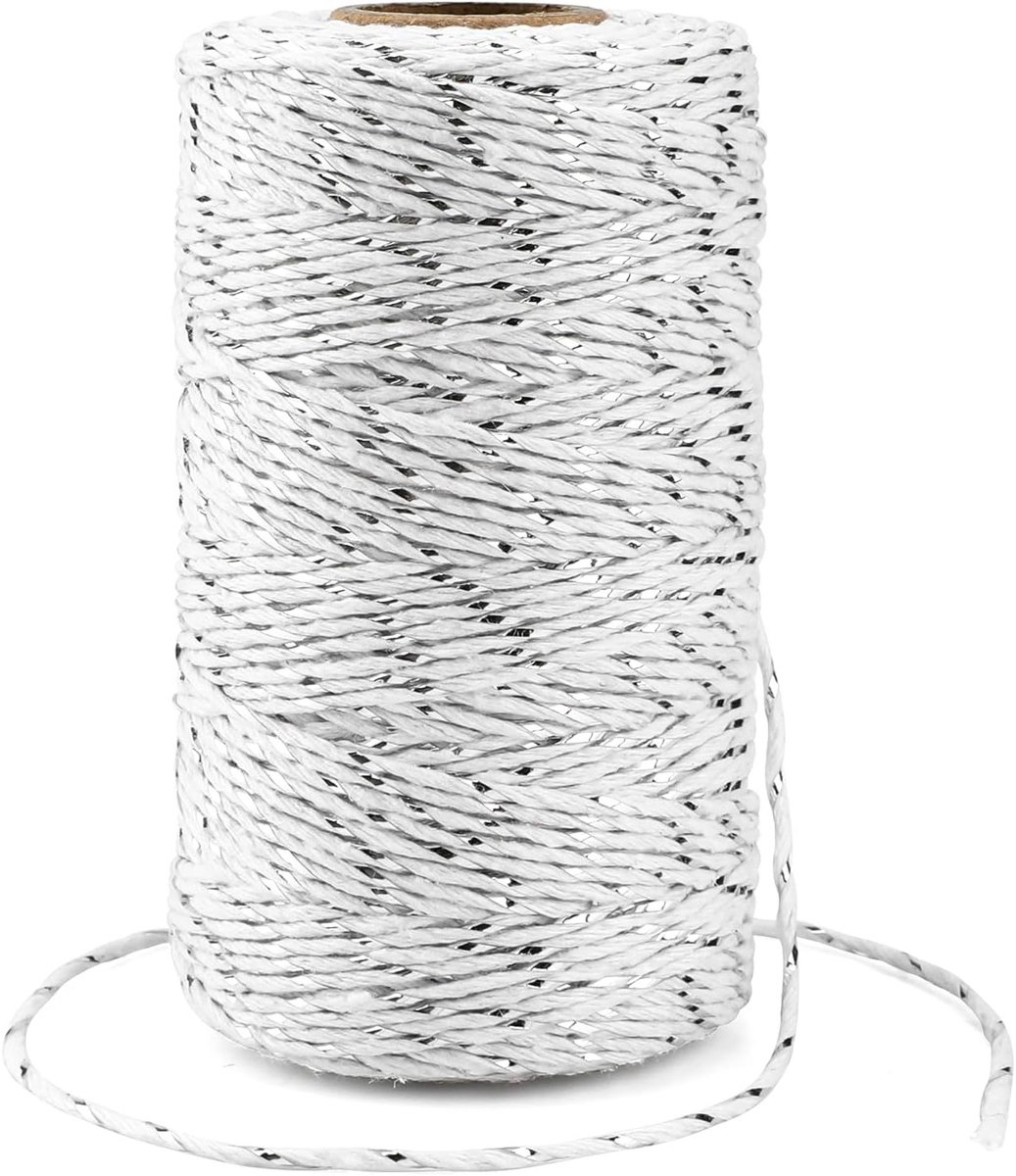 2mm witte katoen touw met zilveren draad, 100m kerstkoord voor cadeauverpakking, glinsterend metallic bakers twine voor knutselen en kerstdecoratie