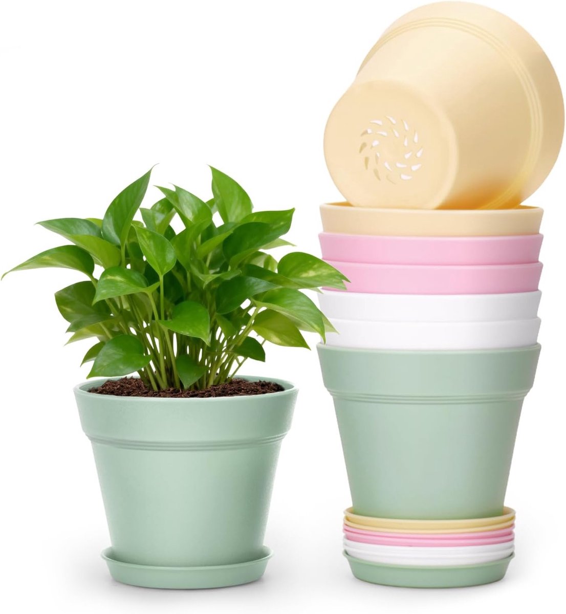 Kleine gekleurde plastic plantenpotten voor binnen en buiten, 10 cm, set van 8 met drainagegaten en trays voor kamerplanten en kantoordecoratie