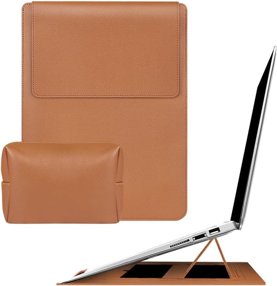 Slanke 13-inch laptophoes met standaardfunctie en accessoirevak, veelzijdige PU-lederen laptoptas voor bescherming en stijl