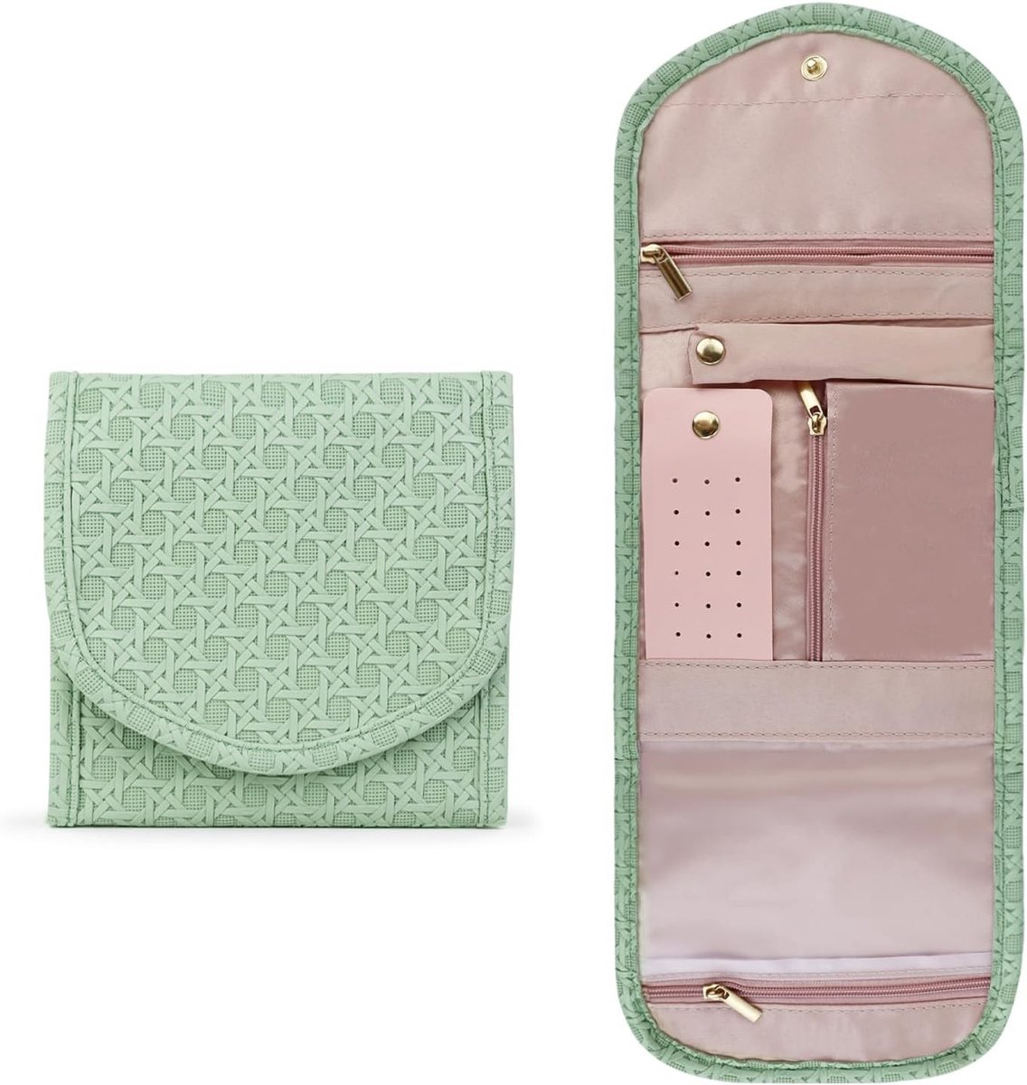 Compacte Reistas voor Sieraden met Oorbellenstandaard en Ringhouder, Vouwbare Sieradenopberger voor Ringen, Oorbellen, Kettingen en Armbanden (Groen)