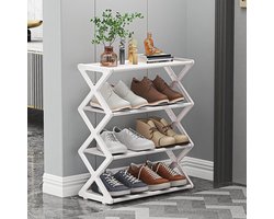 4-Laags Schoenenrek in X-Vorm – 42*18,5*49,5 cm, Inklapbaar – Opbergrek voor Studentenkamers, Entrees, Gangen en Slaapkamers; Eenvoudig te Monteren (Wit)