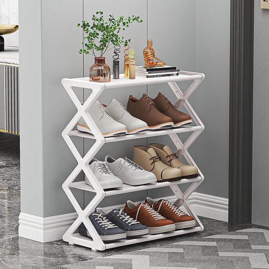 Étagère à chaussures 4 niveaux en forme de X – 42*18,5*49,5 cm, pliable – Étagère de rangement pour chambres d'étudiants, entrées, couloirs et chambres ; facile à monter (blanc)