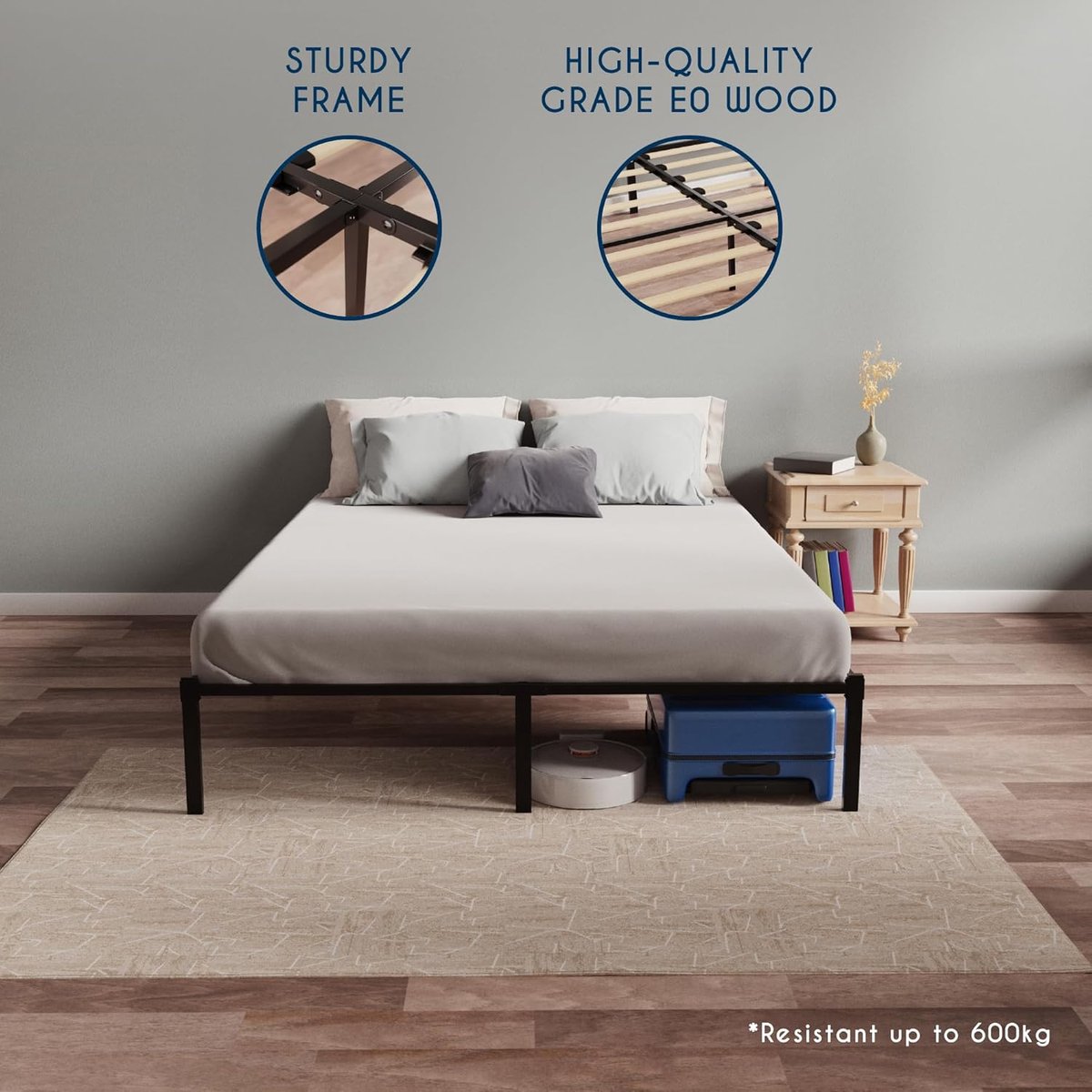 Modern Kingsize Tweepersoonsbed 180x200 cm - Minimalistisch Metalen Bedframe met Houten Lattenbodem - Extra Hoge Constructie (41 cm) met Maximale Opbergruimte