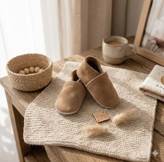 Foto: Stabifoot babyslofjes zacht leer cadeaudoos linnen zakje barefoot taupe 0 3
