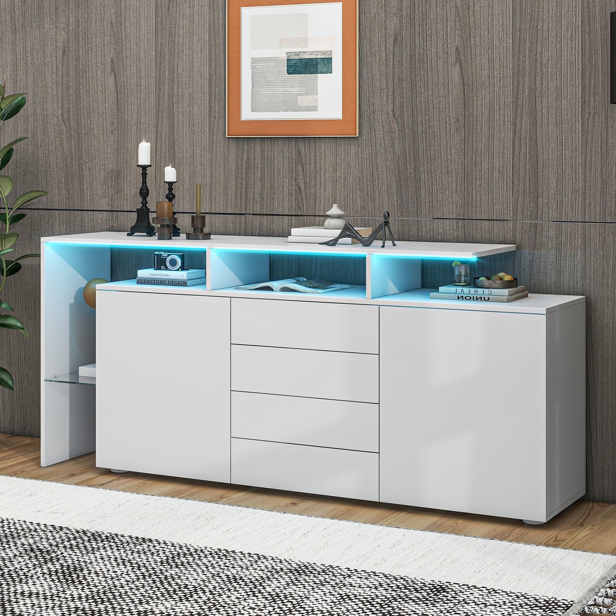 BLACKCOLORS Dressoir, dressoir met LED, woonkamermeubels in wit hoogglans, woonkamerkast, staande kast, tv-kast, woonkamerwand, highboard, multifunctionele kast, buffetkast eetkamer