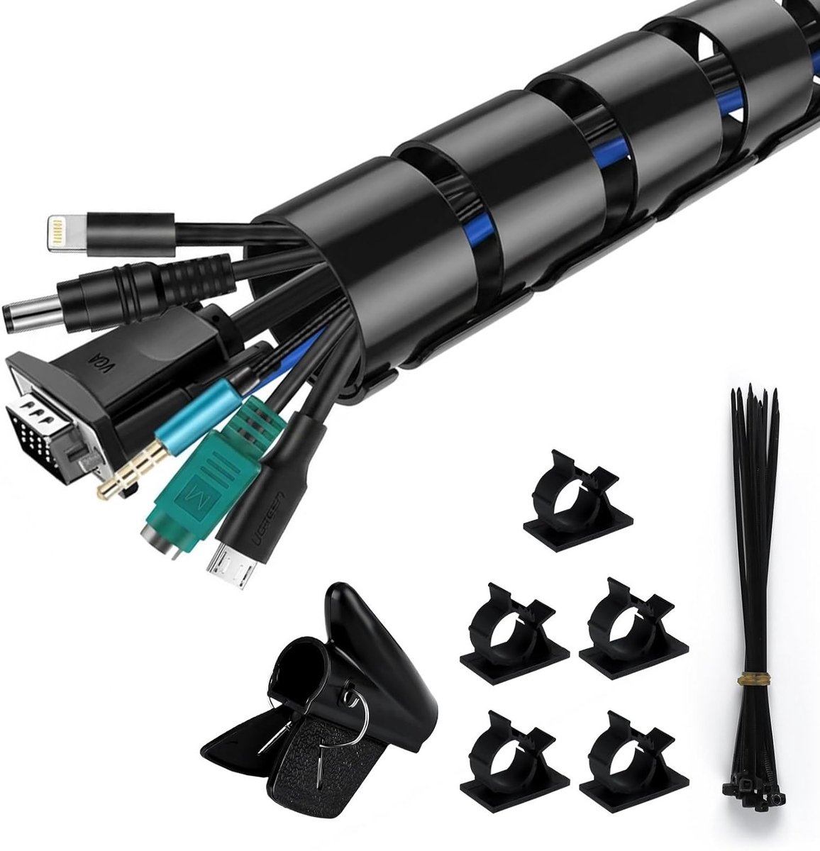 Flexibele kabelgoot 2 x 1,5 m met zelfsluitende zwarte hoes, 16 mm en 22 mm diameter, inclusief 20 kabelbinders, 5 clips en 1 draadgeleider voor TV, PC en elektronica kabelbeheer