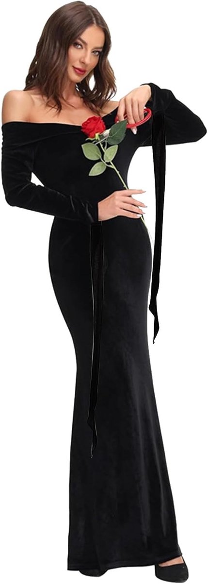 Gothic Off Shoulder Jurk voor Vrouwen | Vintage Halloween Kostuum | Sexy Heks Jurk | Ankle Length Zwart Cocktail Jurk voor Halloween Feest en Cosplay