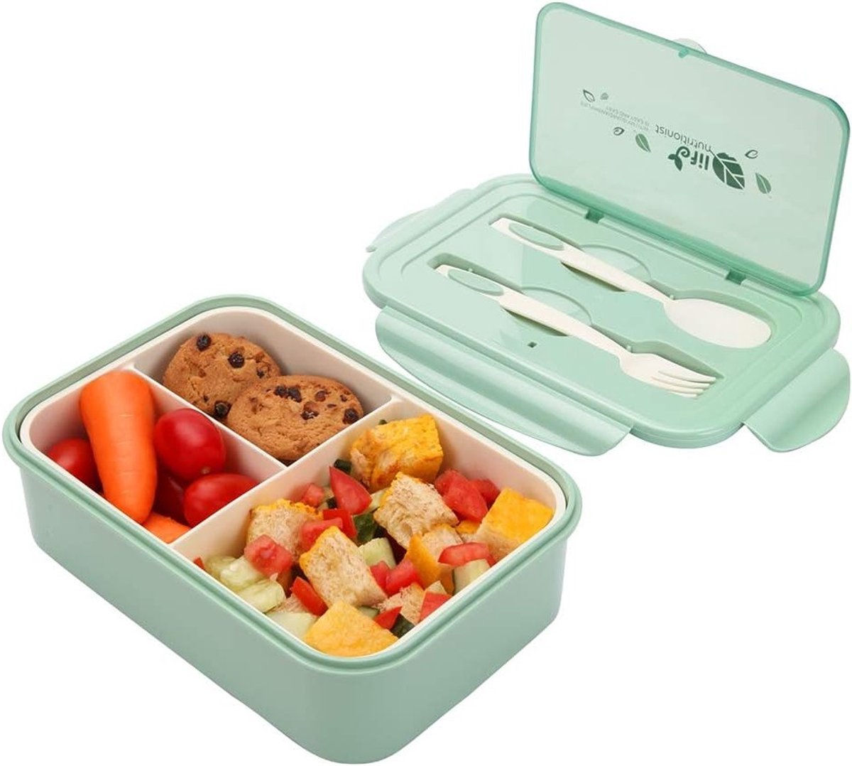 Lunchbox 1000ml voor Volwassenen en Kinderen, Bento Voedselcontainer met 3 Compartimenten, Bestekset en Geschikt voor Magnetron en Vaatwasser, Ideaal voor Gezonde Maaltijden