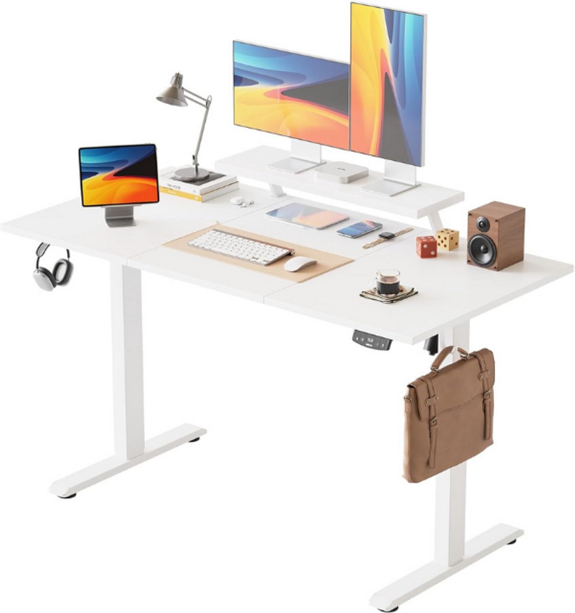 Agilestic Elektrisch in hoogte verstelbaar bureau, 140 x 60 cm, met verplaatsbare monitorstandaard, staand bureau met 2 geheugenknoppen, 3-delig tafelblad, bureau voor thuiswerk, wit