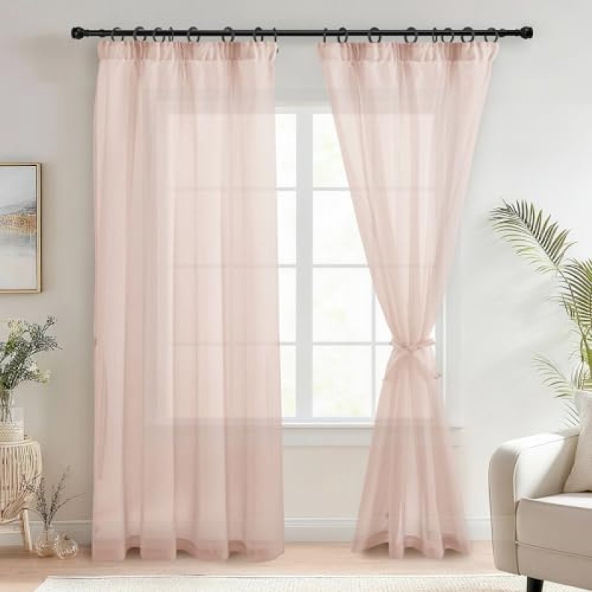 Voile gordijnen met plooiband - 2 stuks - Blush roze - 225 x 140 cm (hoogte x breedte) - Halftransparante linnenlook gordijnen voor woonkamer en slaapkamer