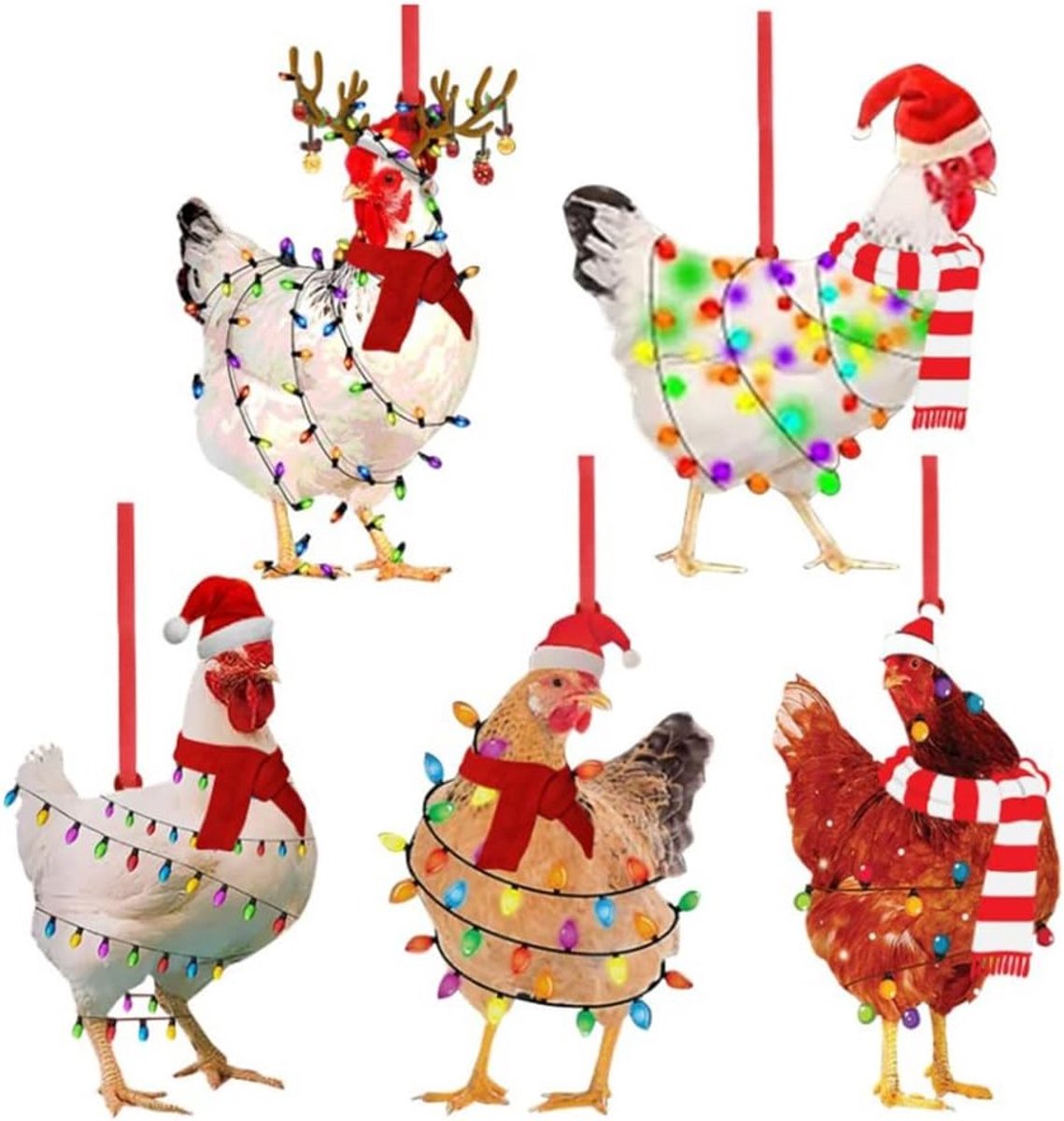 Houten Kersthangers - Kip - Kerstboom Hanger - Grappige Kip Figuur - Kerstversiering - Tuin Balkon Deur - Vensterboom - Geschikt Voor Binnen en Buiten - Natuurlijke Houtkleur