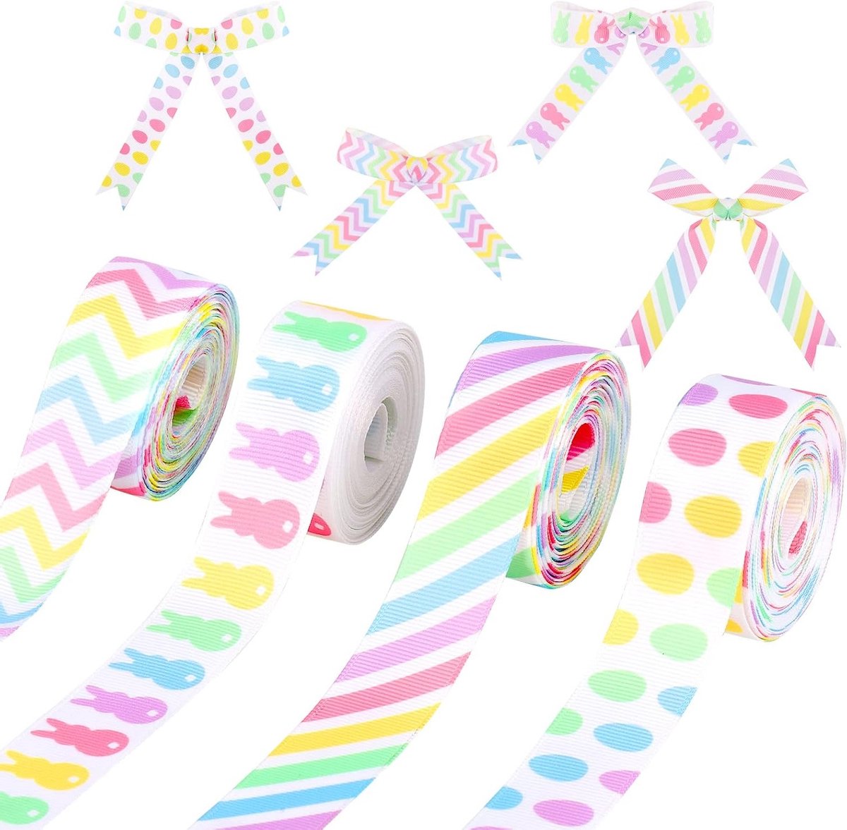 4 Rollen 5 Yards Pasen Ribbons, Pastelgekleurde Striklinten met Eieren en Konijnen Motieven, Grosgrain Ribbons voor Verpakking en Paasdecoratie (4 Stijlen)