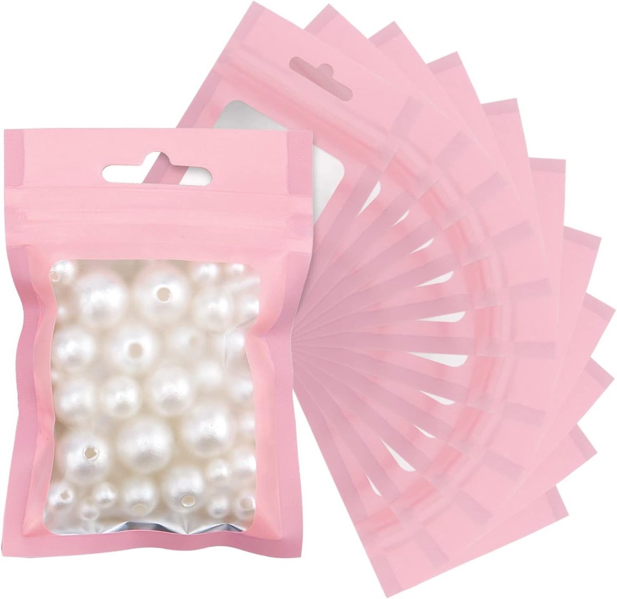 Verpakking van 100 Mylar Tassen Roze 10,5 x 15 cm met Doorzichtig Venster en Rits voor Voedsel, Cosmetica, Sieraden en Cadeaus