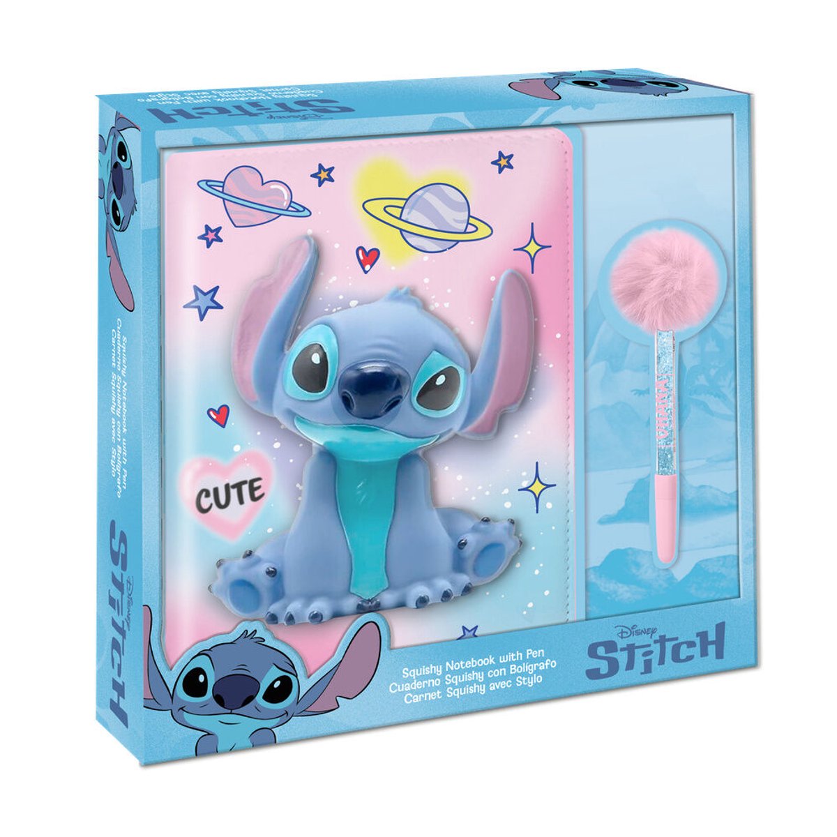 Disney Lilo & Stitch Luxe Schrijfset - Squishy Notitieboek A5 met Pom Pom Pen - Stress-Relief Dagboek - Blauw