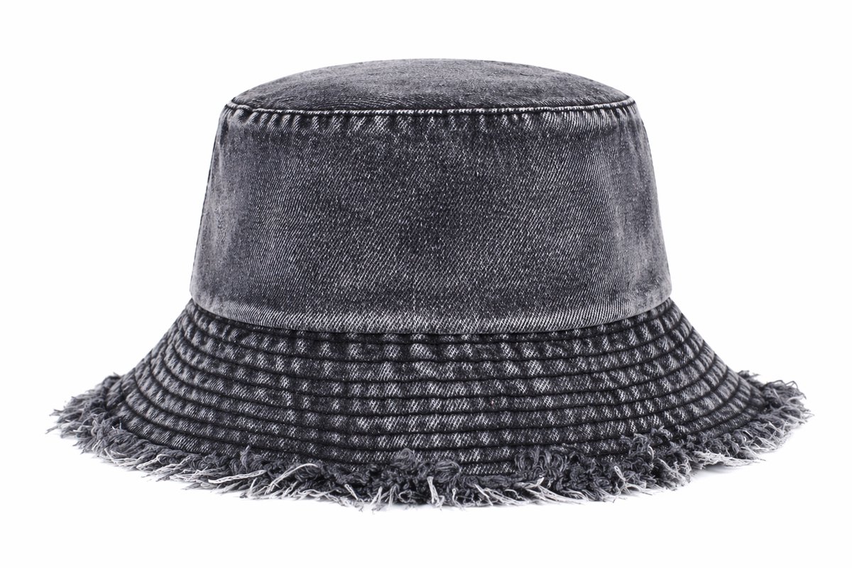 Bucket Hat - Washed Denim - Zwart - Spijkerstof - Vintage Vissershoed - Gerafeld Zomerhoedje - Strandhoedje - Festivalhoedje - Emmerhoed - Skater Hoed - Outdoor Hoed - Streetwear - Unisex - Maat S/M