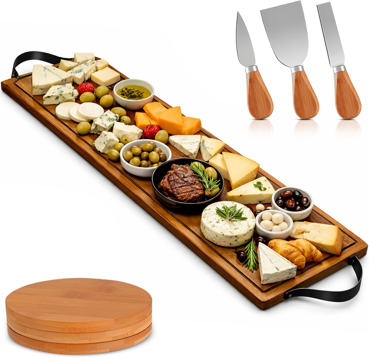 Villux Tapasplank - Borrelplank - Serveerplank - Kaasplank - Hapjesplank - Inclusief Kaasmesjes - Inclusief Onderzetters - Taspasplank Acaciahout- Tapas Servies - Inclusief Ebook - 70 cm