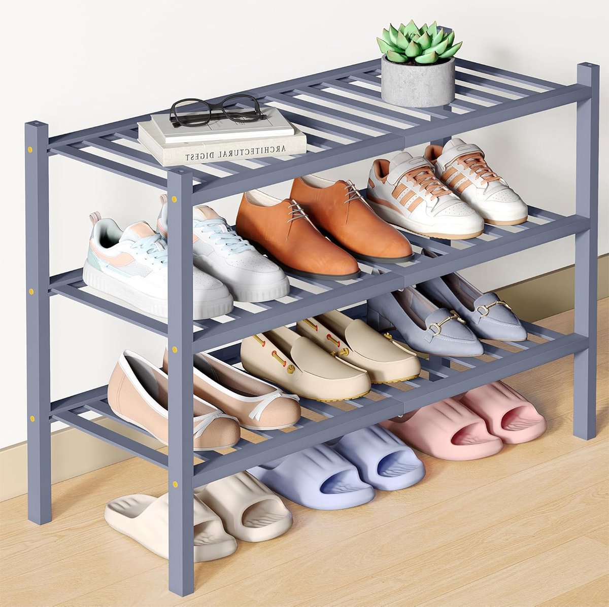 Homaxy Schoenenrek (3 niveaus) - Bamboe Schoenenrek - Houten Schoenenkast -Schoenenrek hout - 68x28x46.5cm - Grijs
