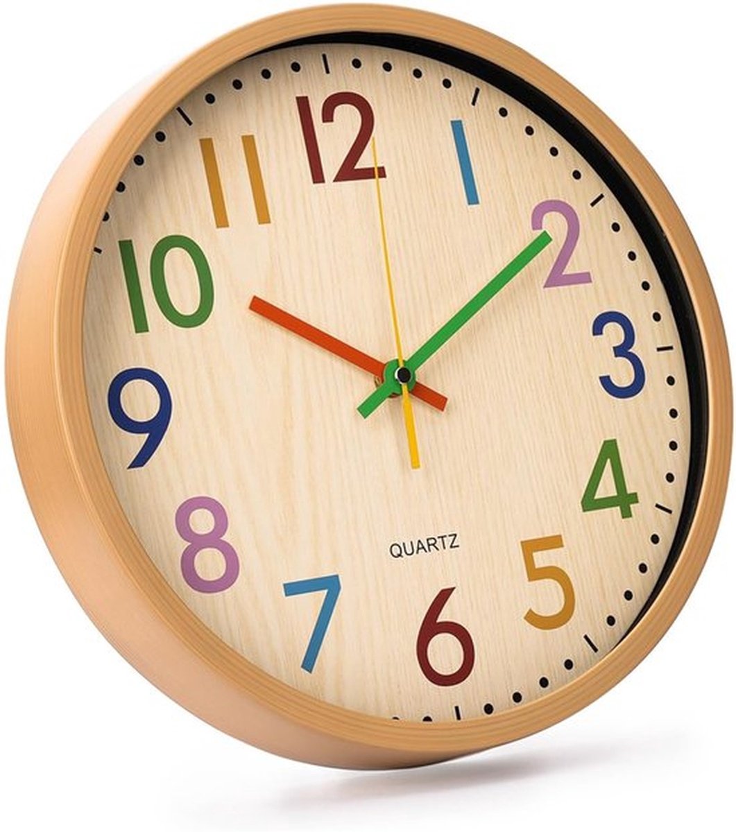 Kinderwandklok, 30 cm moderne wandklok, stil en zonder tikgeluid, gemakkelijk af te lezen, kleurrijke decoratieve ronde klok voor woonkamer, slaapkamer, kantoor, schoollokaal