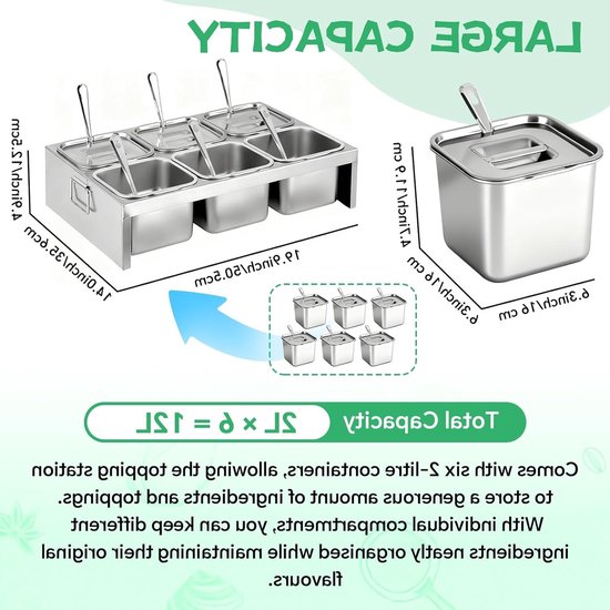 6x2L RVS ingredientencontainers met deksels en lepels, 6-compartimenten pizza toppings station voor ingrediënten en bereidingen, ideaal voor keuken en catering van Merkloos — afbeelding 5