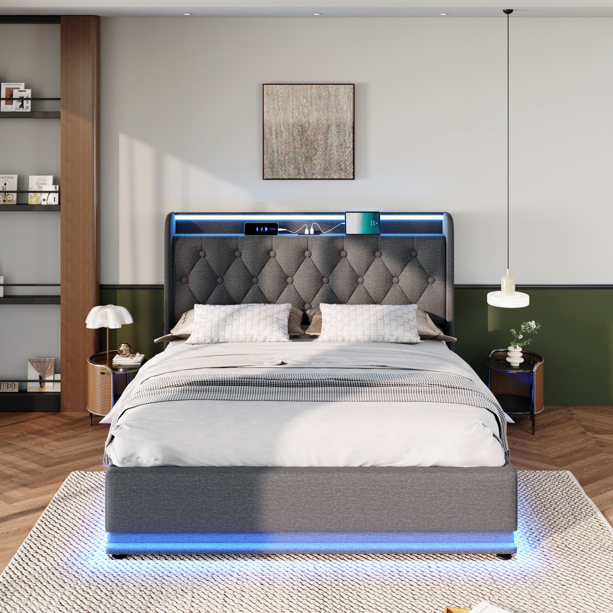 VVBV Bed met opbergruimte 160x200 / Tweepersoonsbed 160x200 – met Hydraulische Opbergruimte, LED-Verlichting, USB, USB-C, Lattenbodem – Hoofdbord – Linnen Grey