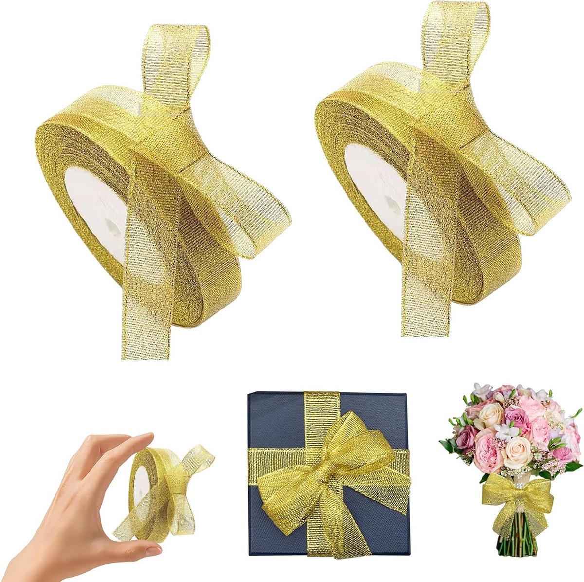 Decoratieve Satijnlinten in Helder Goud - 2 Stuks van 20mm Breed en 22m Lang voor Cadeauverpakking, Haarstrikken, DIY en Feestjes