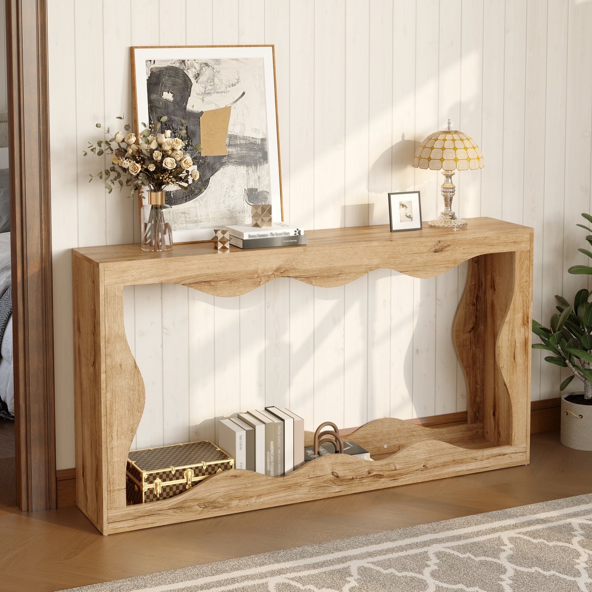 PHOEBE CAT Console - Bijzettafel - Dubbele opbergruimte - Houtlook - Haltafel - Golvend ontwerp - Natuurlijke
