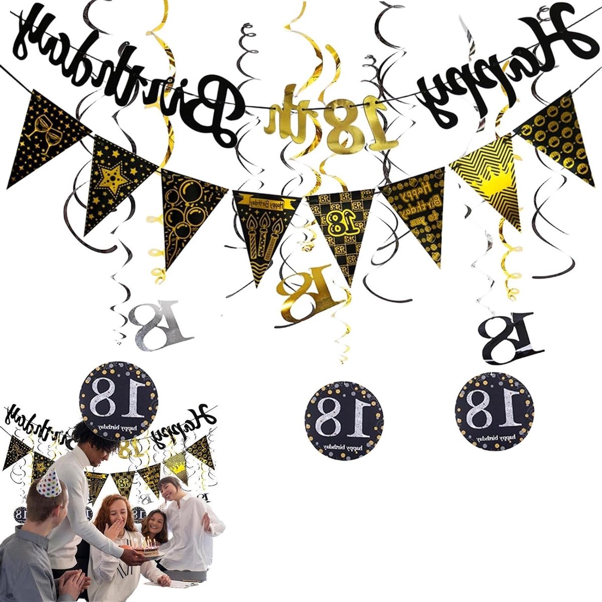 Verjaardagsversiering 18 Jaar - Feest Decoratie - Banners/Versieringen - Zwart/Gouden Kleur - Duurzaam Materiaal - Elegante Sfeer - Feestdecoratie