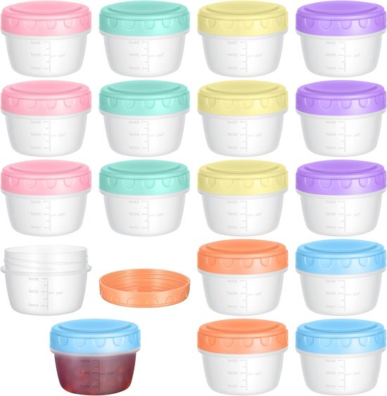 Foto: Set van 18 kleine vriezerdozen 80 ml met maatbeker lekvrije plastic snackdozen herbruikbaar voor sauzen en babyvoeding verkrijgbaar in 6 kleuren