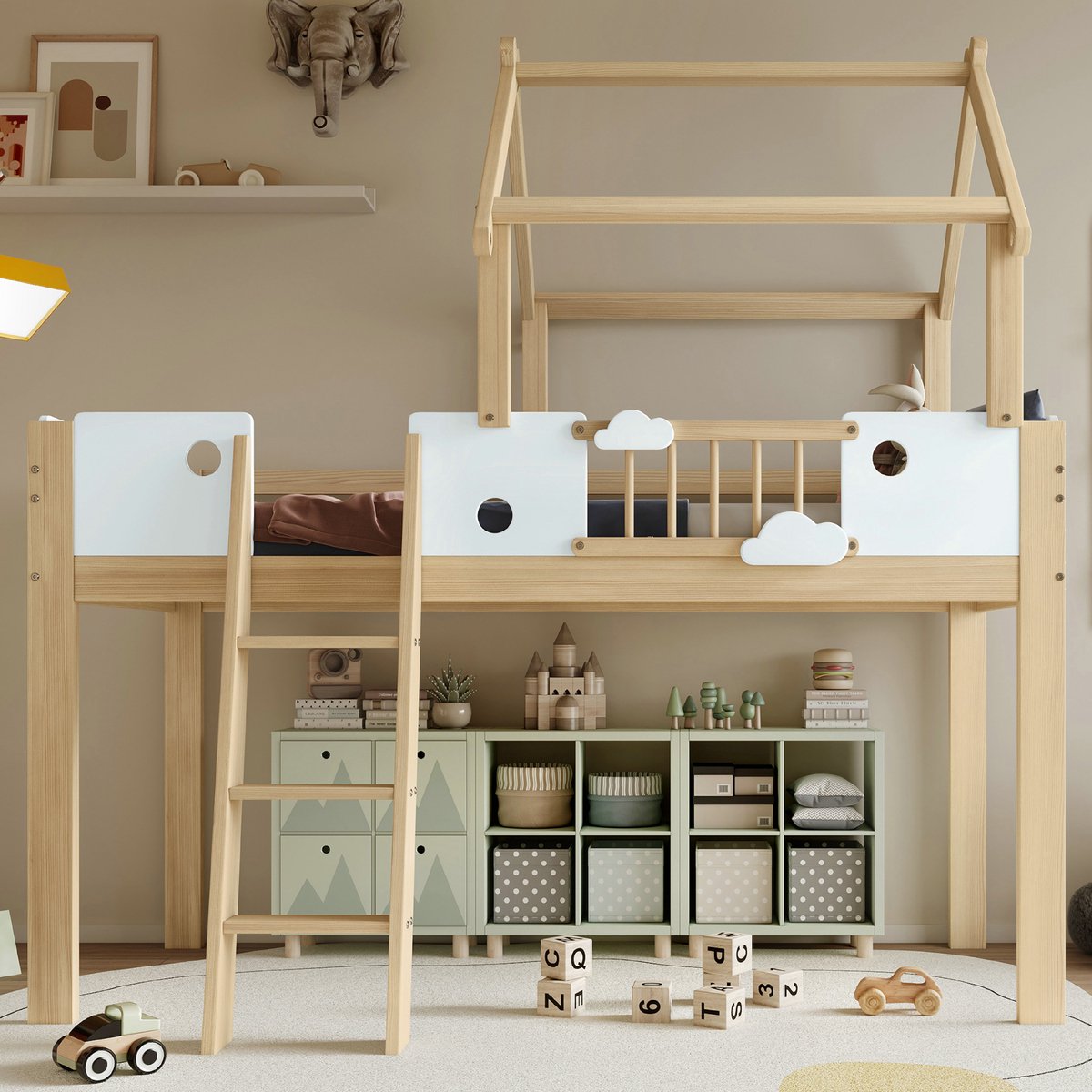 VVBV Hoogslaper 90x200 / Kinder hoogslaper – met Trap, Opbergruimte, Ladder – MDF – Wit – Ladder en Veiligheidshek – Grenenhout Wit + natuurlijke