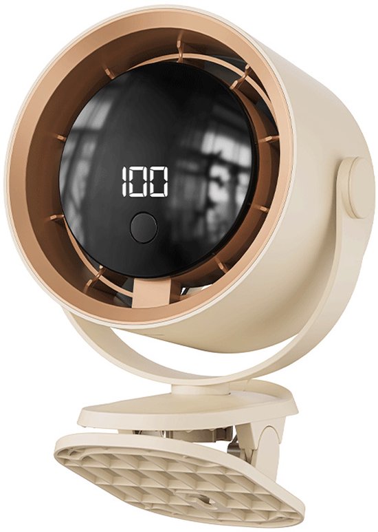 Clip-on ventilator 100 snelheden verstelbaar, USB oplaadbaar, LED display, stil, beige voor kinderwagen, bureau, camping