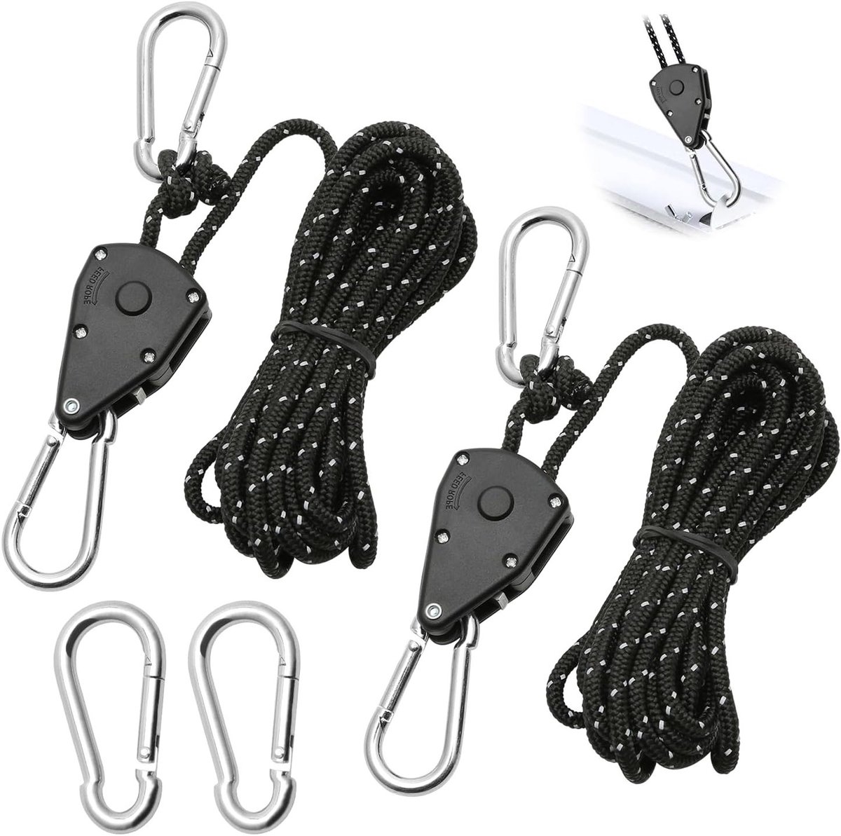 SnelShoppen - 2 Pcs Verstelbare Touw Ratchet 4 m Kabel Pulley 1/8 Inch met 3 Vervang Riemen Metaal Windbestendig Zwart voor Ophangen van Planten Lampe