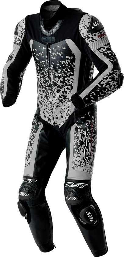 Combinaison de moto noire, blanche et grise avec un motif géométrique et des logos RST.