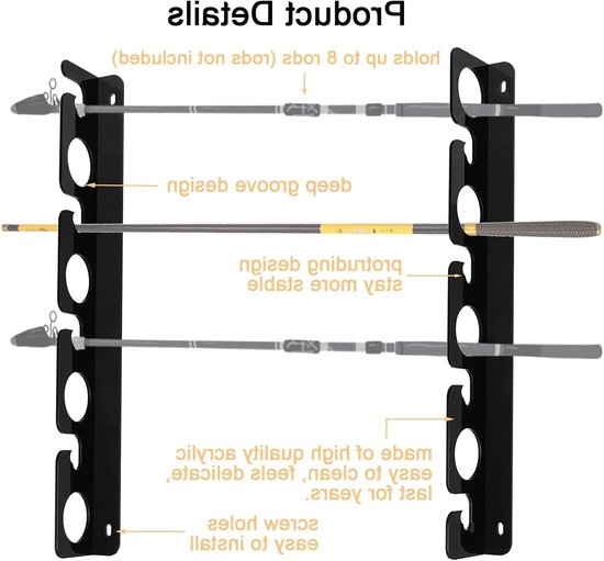 Set van 2 Acryl Steunen voor Wandmontage, Horizontale/Verticale Plafondbevestiging voor Garage, Boot, Kelder en Werkplaats, Geschikt voor 8 Hengels — afbeelding 4