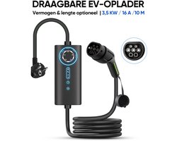 Junsun Type 2 EV Mobiele Thuislader Laadkabel (met aarding) - 3,5kW 1 fase (6-16A)- 6A/8A/10A/13A/16A instelbare stroom | 10 meter Laadkabel - 230V EV-oplader - Voor Elektrische Auto's - Schuko-stekker & CEE-stekker - 3 jaar garantie - IP65