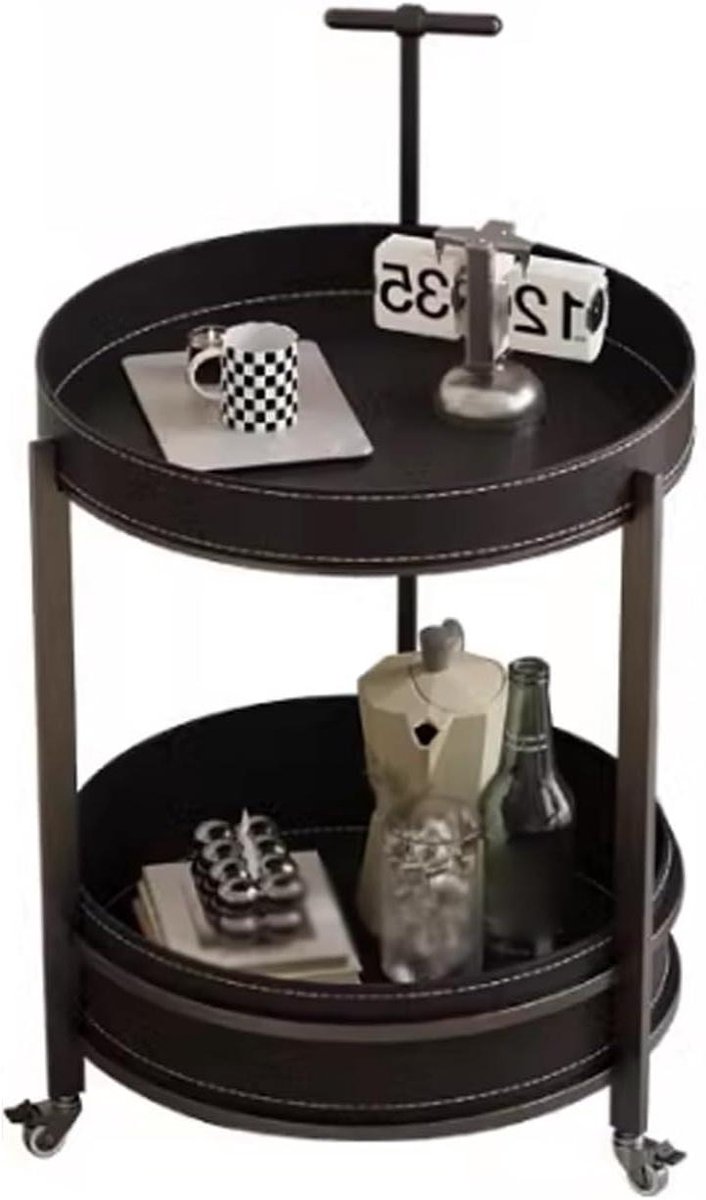 Bijzettafel met Wielen - Sidetable Salontafel - Opbergen en Decoreren - Dubbellaags Open Ontwerp - 42x42x64 cm - Zwart