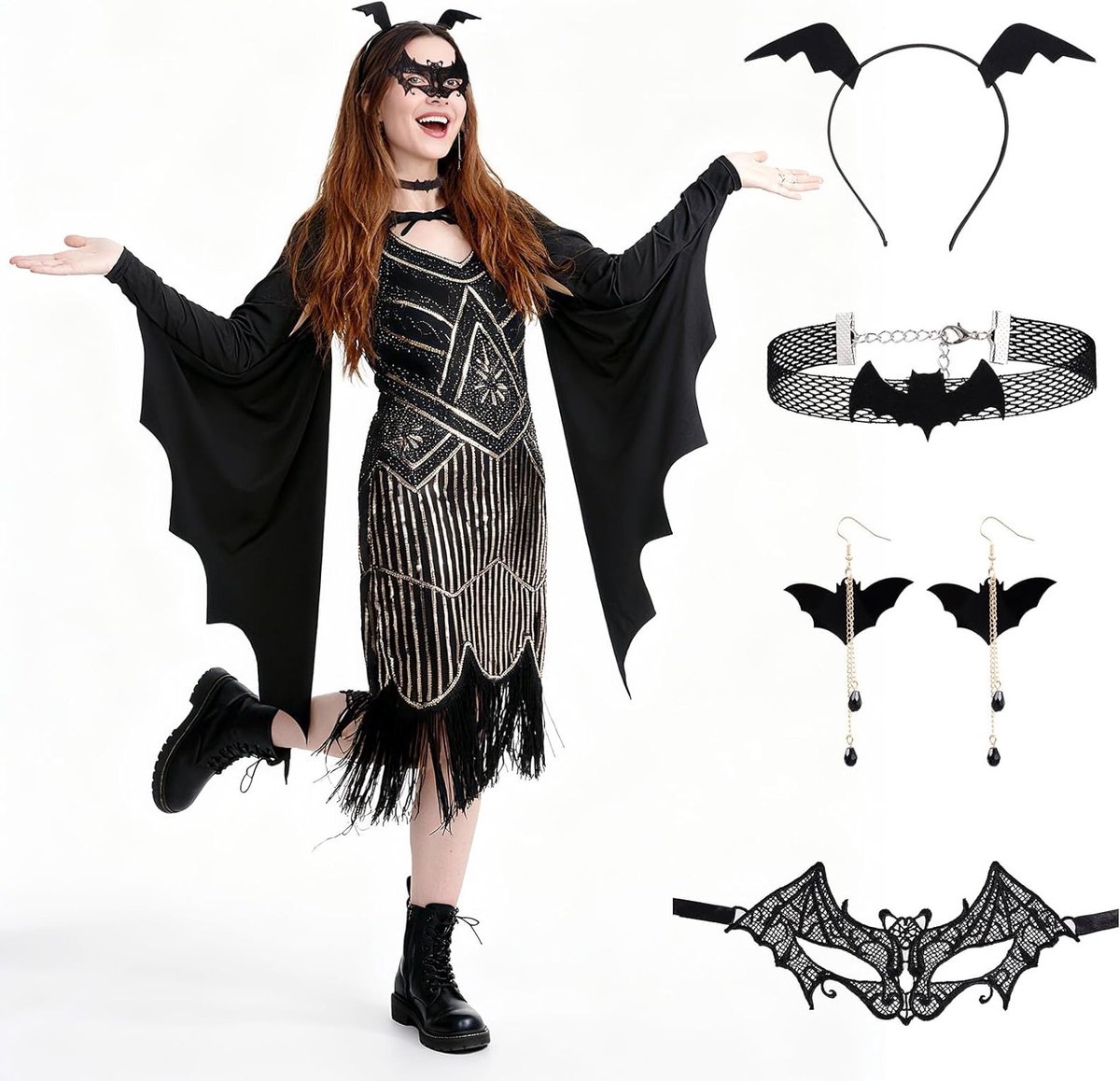 Vampier Kostuum voor Vrouwen met Oorbellen, Cape, Kanten Masker en Hoofdband - Halloween, Carnaval en Cosplay Outfit voor Volwassenen