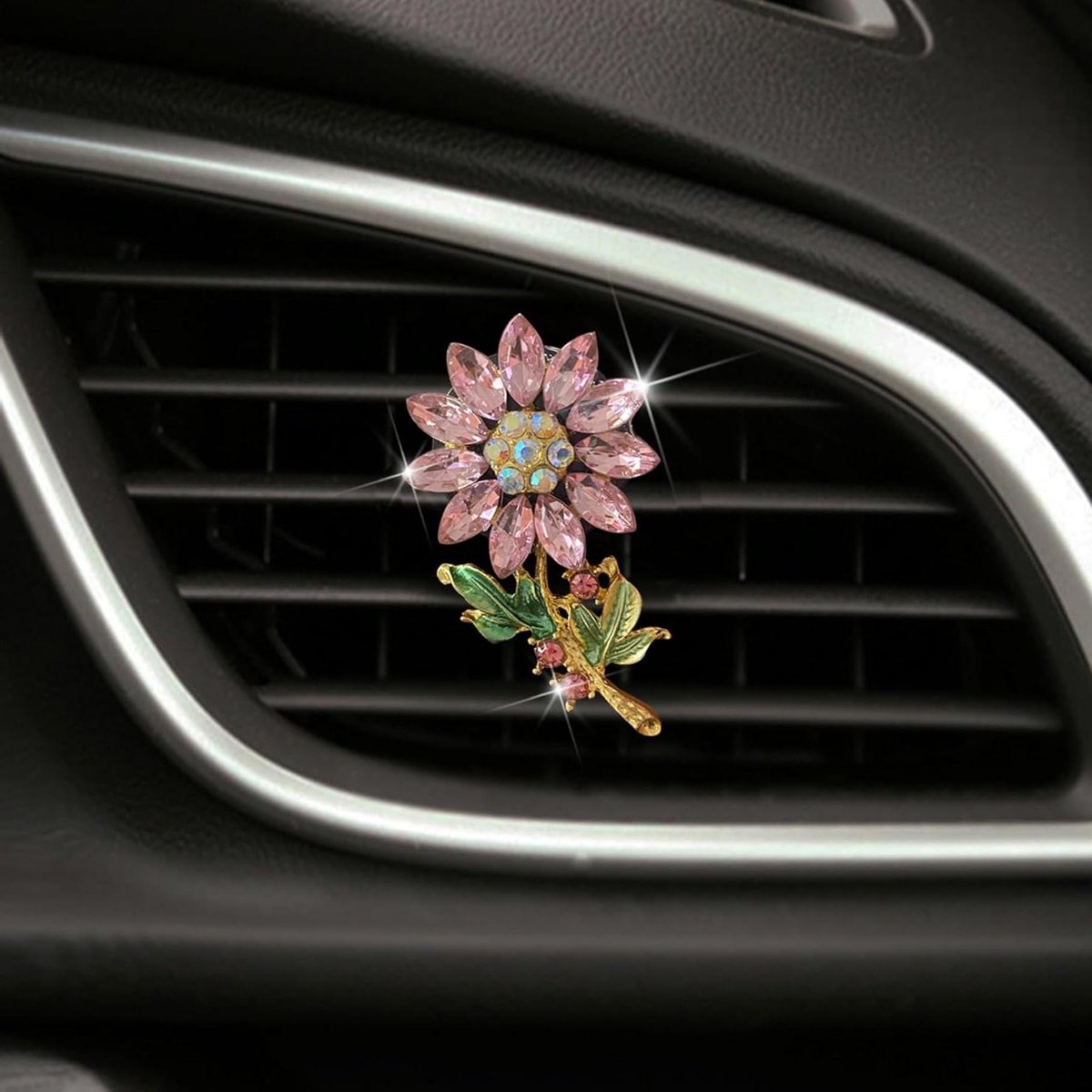 Auto Luchtverfrisser - Ventilatieclip Decoratie - Auto Interieur - Kristal Zonnebloem Design - 5 x 3 cm - Zilverkleurig