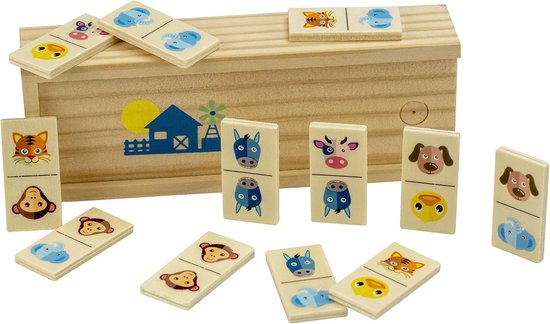 Houten domino met boerderij- en bosdieren: olifanten, apen, tijgers, koeien, honden en paarden. Met houten kistje.